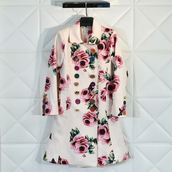 

осень зима высокое качество женщин цветочный принт двубортный тренч пальто горячая мода кристалл пуговицы пальто b451, Tan;black