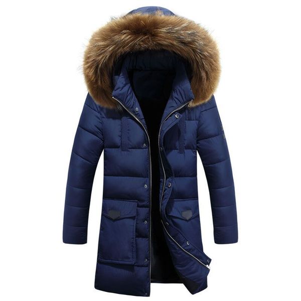 

autumn & winter men hooded thick solid color mid-length down jacket cotton-padded clothes large size hong kong style cotton over, Black
