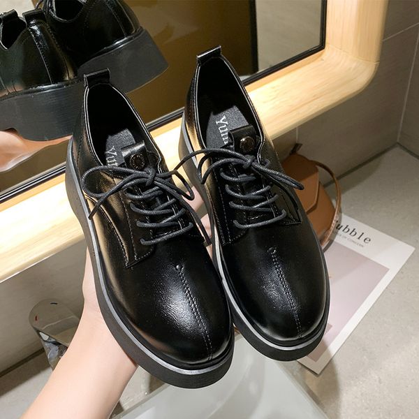 

shallow mouth casual woman shoe womens derby shoes female footwear autumn all-match clogs platform round toe 2019 fashion, Black