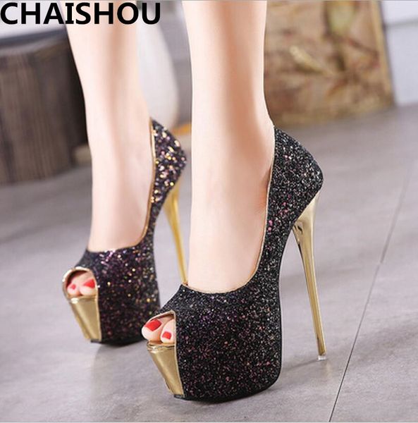 

chaishou spring autumn woman sequin peep toe pumps shoes platform pumps stiletto female valentine shoes scarpins f-191, Black