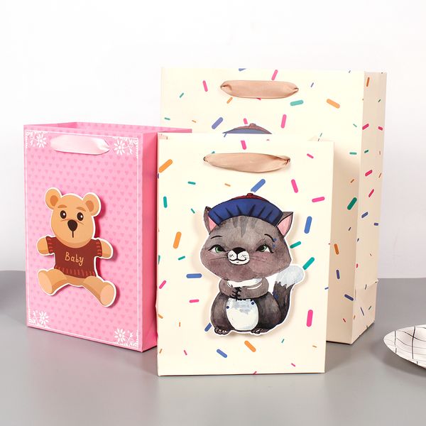 

cartoon style for children paper gift bags with cute teddy / cat tip-ons holding gifts happy children's day