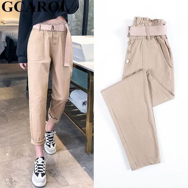 

gcarol new women elastic high waist retro old pants boyfriend style harm pants leisure ankle length with belt 2xl, Blue
