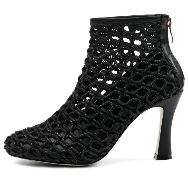 

new fashion real leather mesh zipper botas hollow out elastic mesh ankle boots high heel female booties ladies shoes, Black