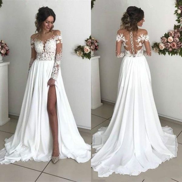 

новое прибытие лета boho длинные рукава свадебные платья sheer аппликациями линия плеча сплит длинные свадебные платья дешевые свадебное пла, White