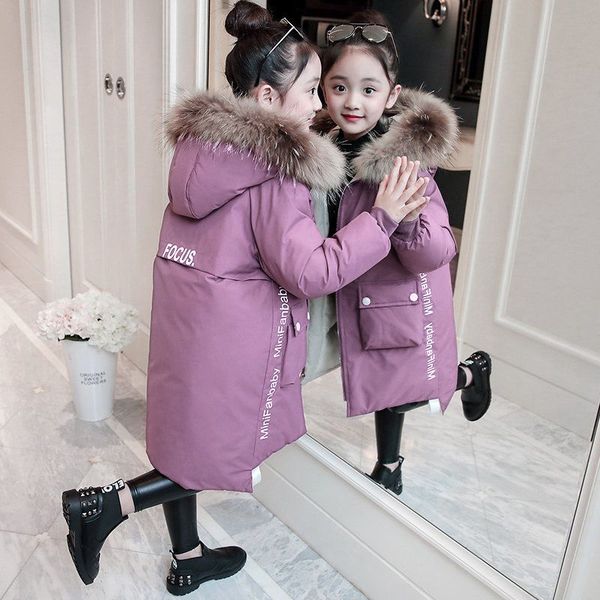 

new fashion children winter down cotton jacket girl clothing kids clothes warm thick parka fur collar hooded long coats 3-14y, Blue;gray