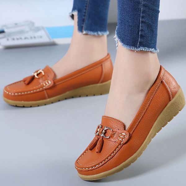 

muqgew women casual wedges shoes flat bottom outdoor leather driving footwear leisure lightweight peas boat shoes, Black