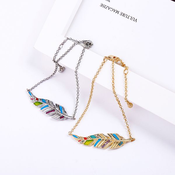 

kiss me colorful enamel exquisite crystal feather bracelets for women party gifts two-tone alloy chain 2020 fashion accessories, Red;blue
