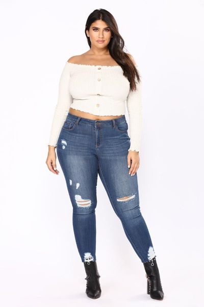 

europe and america cross border for amazon wish fashion plus-sized with holes high-waisted elasticity cowboy skinny pants women, Blue
