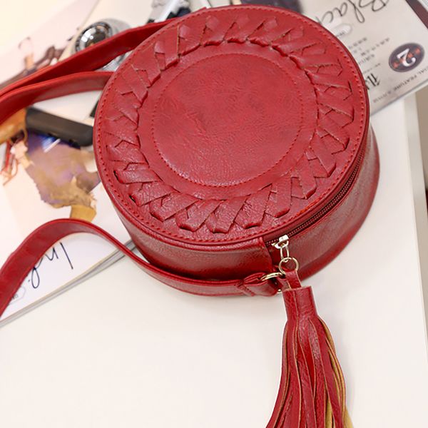 

new fashion women bag tassel round weave cross body shoulder bag ladies pu leather handbag cute roll girl beach bolsos mujer
