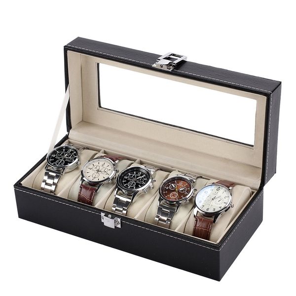 

standard 5 slots fashionable watch box soft pu leather watch storage box display slot case case dropshipping, Black