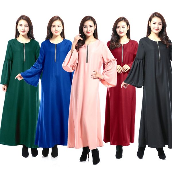 

muslim long sleeve maxi abaya dress solid color islamic clothing elegant moroccan kaftan robe turkish zipper o-neck party dress, Red