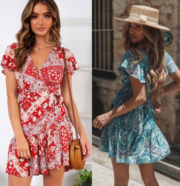 

2019 fashion boho dress women print flower summer party evening beach holdiay lady short mini dress sundress, Black;gray