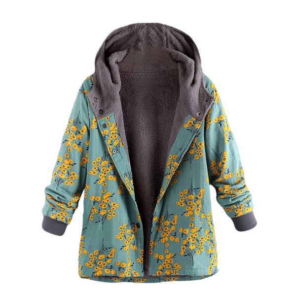 

women clothes winter hoody long jacket vintage floral print parka outwear coats fleece full sleeves plus size 5xl, Black
