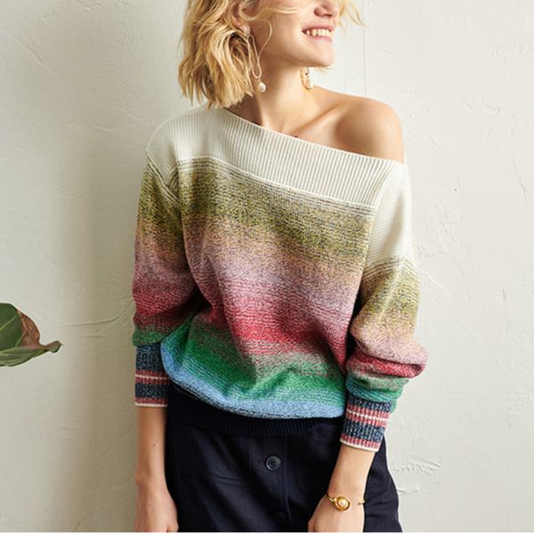 

casual slash neck sweater women 2020 autumn winter gradient multicolor sweater loose jumpers ladies fashion pullover b085, White;black