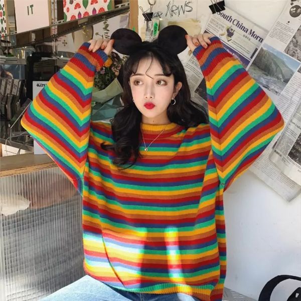 

female korean harajuku hong kong-flavored loose rainbow stripe sweater women's pullover sweaters, White;black