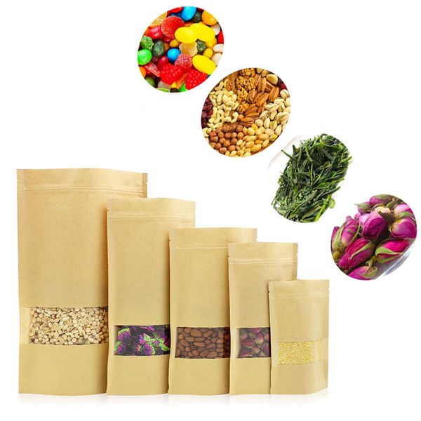 

moisture-proof bags kraft paper resealable food bags zip lock stand up with transparent window for snack candy cookie baking