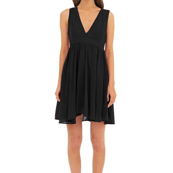 

2019 fashion lady v-neck sleeveless leaky back pleated knee-length high-waist banquet draped tank lanon dress l0422, Black;gray