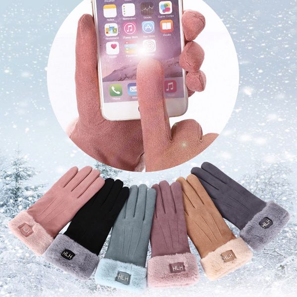 

new winter female lace warm cashmere three ribs cute bear mittens double thick plush wrist women touch screen driving gloves, Blue;gray