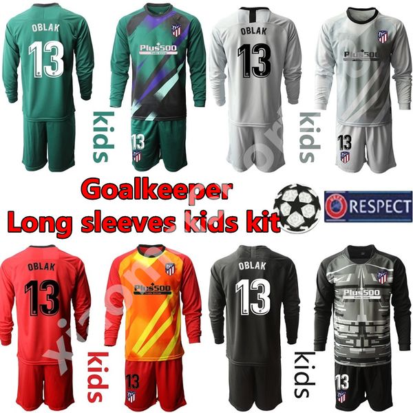 

new atletico madrid 13 oblak goalkeeper kids football kits children soccer jerseys long sleeve baby infant boy kits sports uniforms sets, Black
