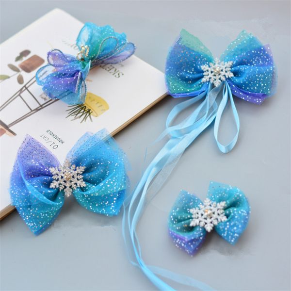 

hair accessories 10pcs/lot kids bows blue starry mesh clips snowflake ribbon girls headwear princess party dance headdress, Slivery;white