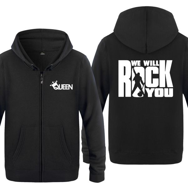 

we will rock you queen rock band hoodies men 2018 men's fleece zipper cardigans hooded sweatshirts, Black