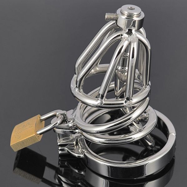 Maschio in acciaio inox Cock Cage Penis Ring Lock Chastity Device con catetere uretrale Spinato Anello anti-spargimento BDSM Sex Toys