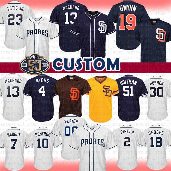 

13 Manny Machado San Diego Custom Padres Baseball Jersey 19 Tony Gwynn Fernando Tatis Jr. Hoffman Hosmer 4 Wil Meyers Margot Pirela WQ