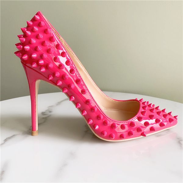 

повседневный дизайнер сексуальная леди мода женщины насосы розовый лакированная кожа шипы точка носок шпильки высокие каблуки обувь совершен, Black
