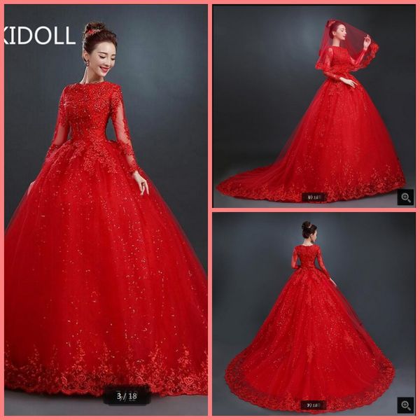 

new design ball gown 2019 red lace appliques wedding dress princess beading sequins long sleeve modest wedding gowns muslim bride gowns, White