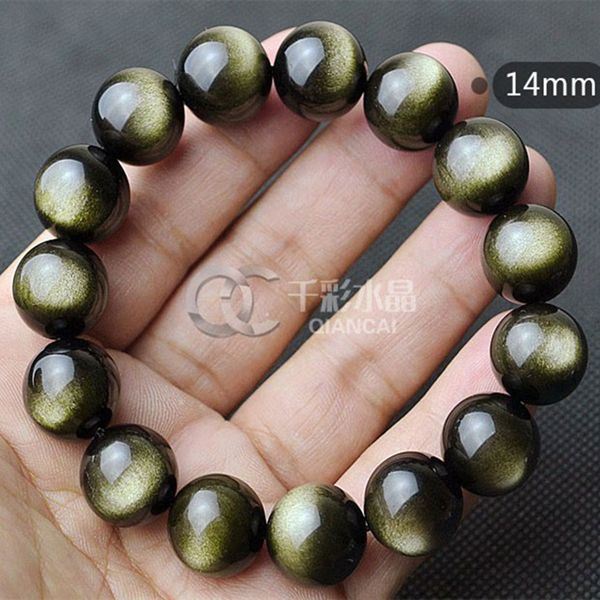 

14mm genuine natural black gold obsidian bracelet women men love gift healing words stone stretch round beads crystal jewelry, Golden;silver