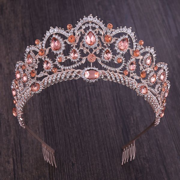

kmvexo rose gold champagne vintage baroque queen king hair jewelry crystal tiaras crowns comb headbands bridal rhinestone diadem, Golden;white