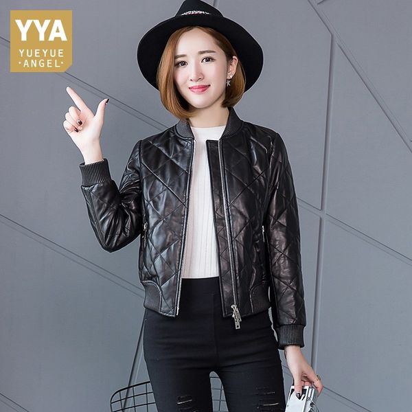 

women's leather & faux fashion women thick warm short bomber jacket slim fit sheepskin genuine female windproof motorcycle outwear coat, Black