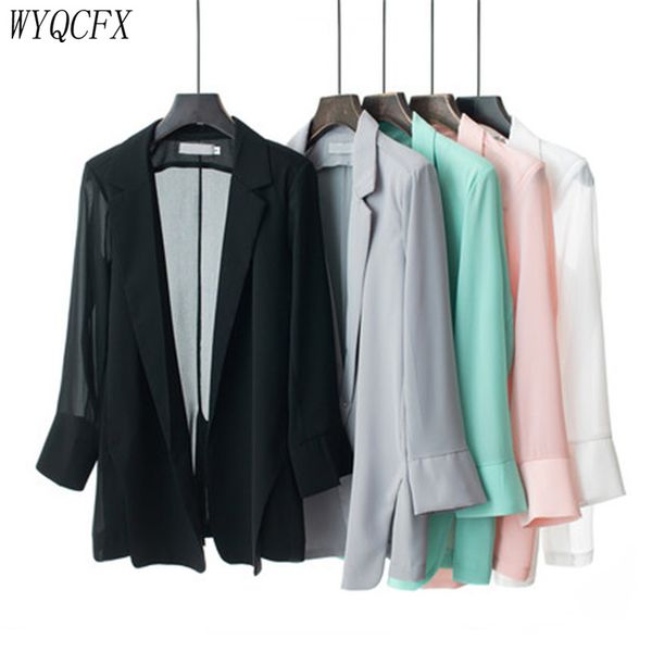 

2019 new blazer chiffon outwear women spring three quarter sleeve thin coat female casual loose summer sun protection white, White;black