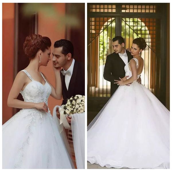 

2019 bling a-line wedding dresses spaghetti beaded said mhamad backless appliques lace chapel train vintage arabic bridal gowns custom, White
