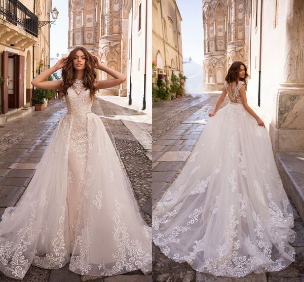 

vintage кружева русалка свадебные платья с отделяемым юбка 2020 новый sheer cap рукава аппликации свадебные платья кнопка назад свадебные пл, White