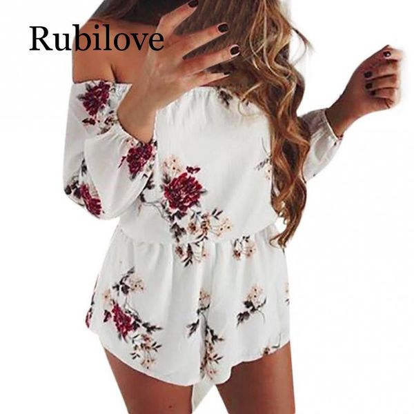 

rubilove fashion floral printed rompers women summer long sleeve off shoulder boho beach jumpsuit ladies elegant one piece plays, Black;white