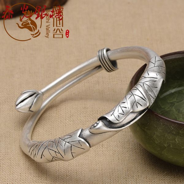 

silver s990 thai silver lotus leaf lotus bracelet retro ethnic style bracelet jewelry, Black