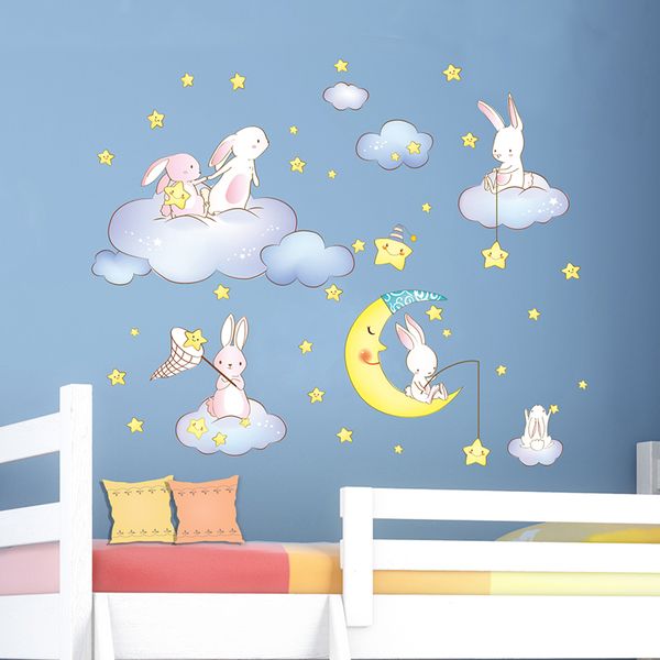 

rabbits animals wall stickers diy pvc cartoon clouds stars moon decals for kids room girls baby bedroom kindergarten decoration