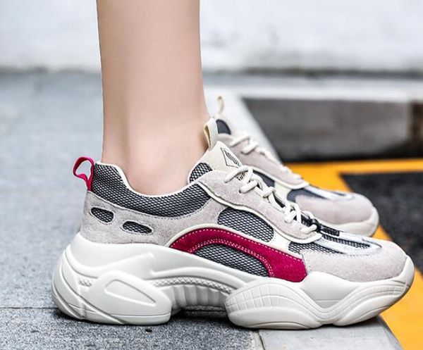 

2019 women's with thick soles and high ventilation girl ladies athletic sports running shoes training sneakers leather fashionable casu, White;red