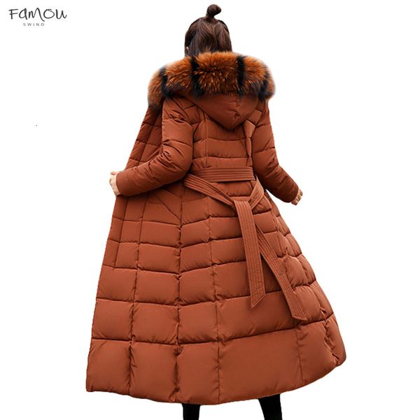 

Winter Fashion Jacket Women Big Fur Belt Hooded Thick Parkas X-Long Slim Jacket Coat Female Warm Winter Outwear 2019 New