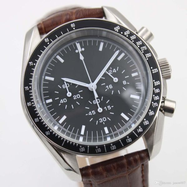 

moonwatch master chronometer co-axial sport mens watches 40mm quartz watch apollo astronauts wristwatches brand on a leather band, Slivery;brown