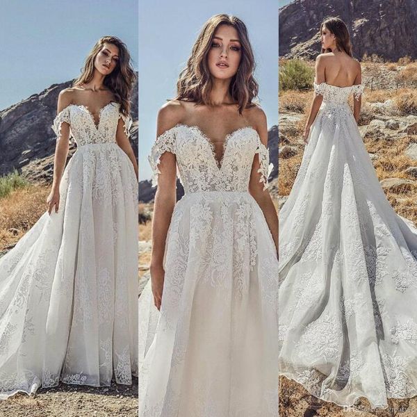 

julie vino 2019 lace wedding dresses off shoulders summer beach a line tulle bridal gowns long sweep train vestido de novia, White