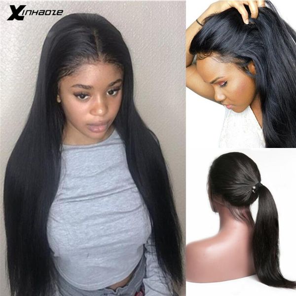 

glueless human hair full lace wigs pre plucked natural hairline with baby hair straight brazilian remy wigs bleached knots, Black;brown