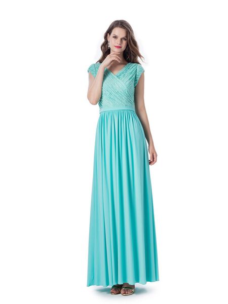 Mint Lace Chiffon Long Modest Drawsmaid Vestidos com mangas curtas A-line Rouched Lace Modest Dridesmaid Solds personalizados