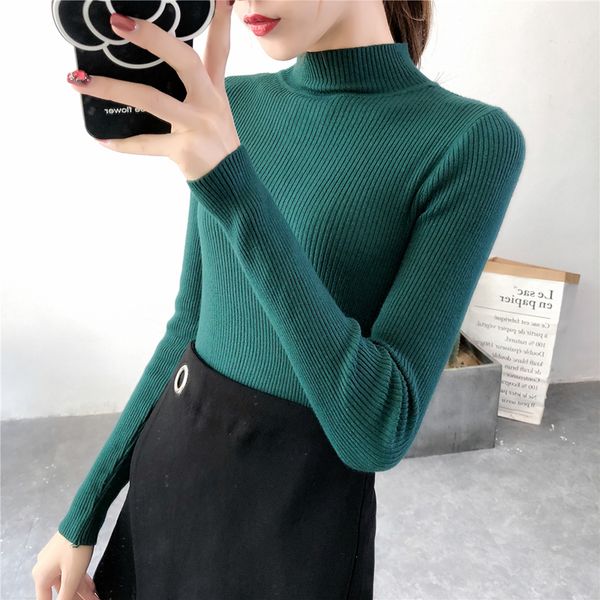 

2019 women sweater slim half high collar elasticity pullovers for women bottoming knited jumper casual winter warm sweater woman, White;black
