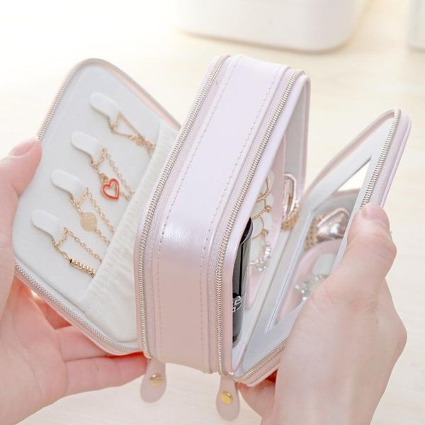 

pu leather jewelry box travel case with double zippers & built-in mirror for women girls rings,earrings,necklace organizer storage bag m967f, Black;white
