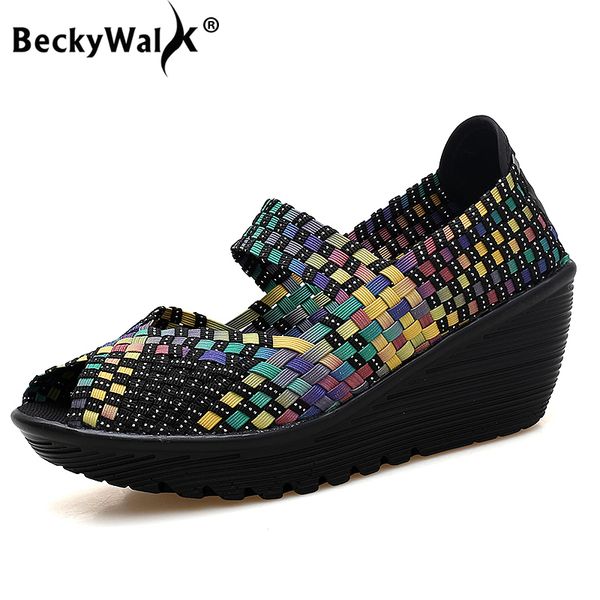 

beckywalk summer women platform sandals shoes women peep toe woven wedge plastic shoes woman handmade cutouts sandalias wsh2899, Black