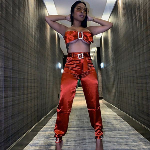 

2 piece set women festival clothing crystals buckle crop and pants silk party two piece club outfit matching women sets, White