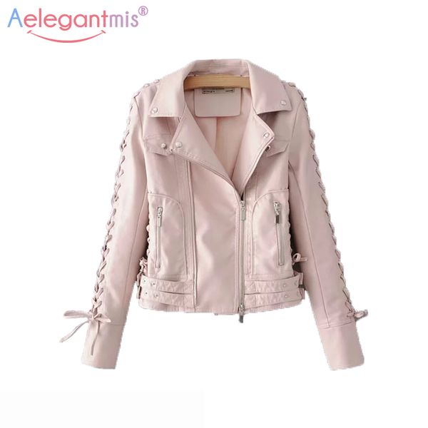 

aelegantmis women high street casual pu leather jacket faux leather biker jacket ladies turn-down collar short soft coat, Black