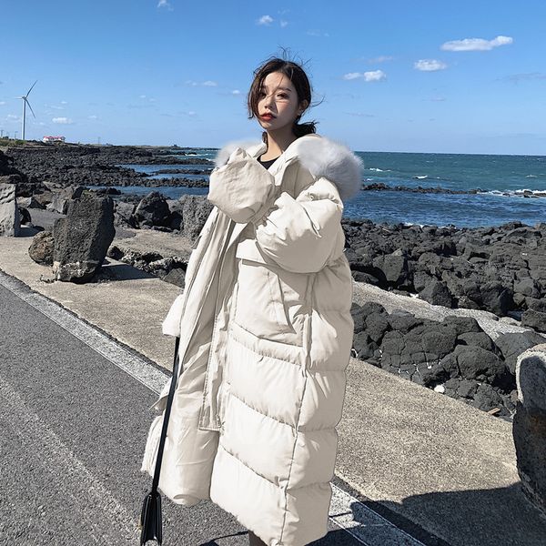 

women winter down jacket big fur collar hooded down cotton parkas female korean cotton coat parka thicken outwear, Black